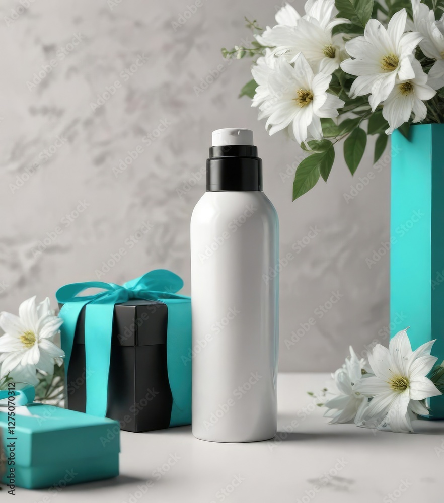 White plastic cosmetic bottle and turquoise and black gift box with floral decorations, product, cosmetics, beauty