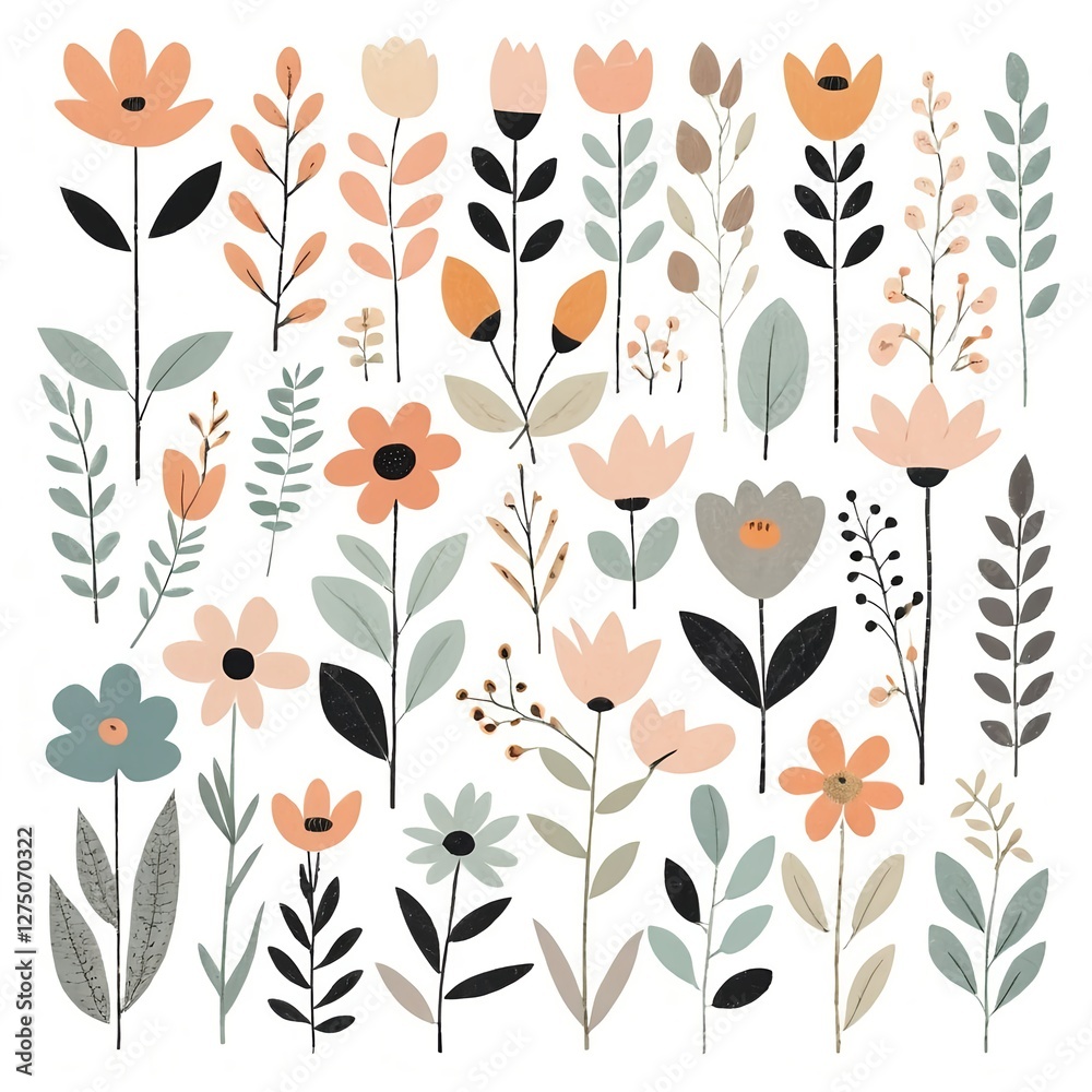 Modern Floral Pattern, Botanical Illustration Modern Floral Pattern, Botanical Illustration