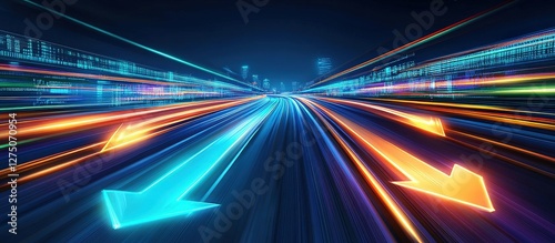 Arrows guide traffic flow in a futuristic city at night, for navigation use