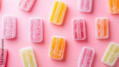 Colorful frozen popsicles arranged on a pink surface, evoking a fun summer vibe with vibrant hues photo