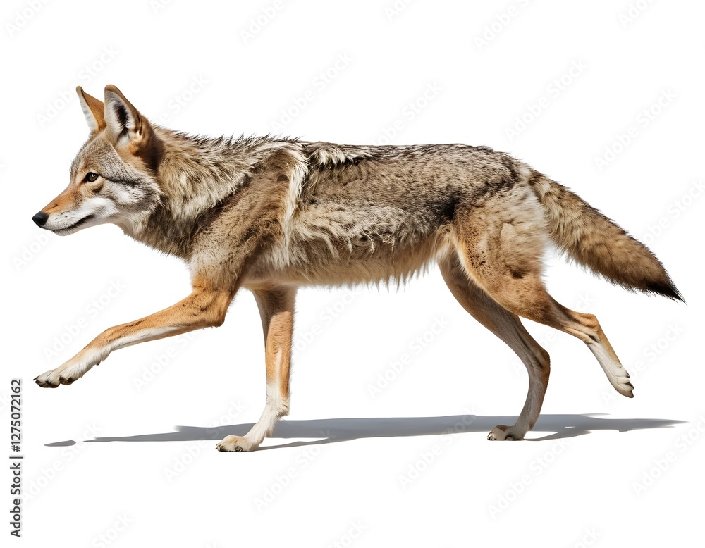 Fototapeta premium Coyote Trotting, Side Profile, White Background