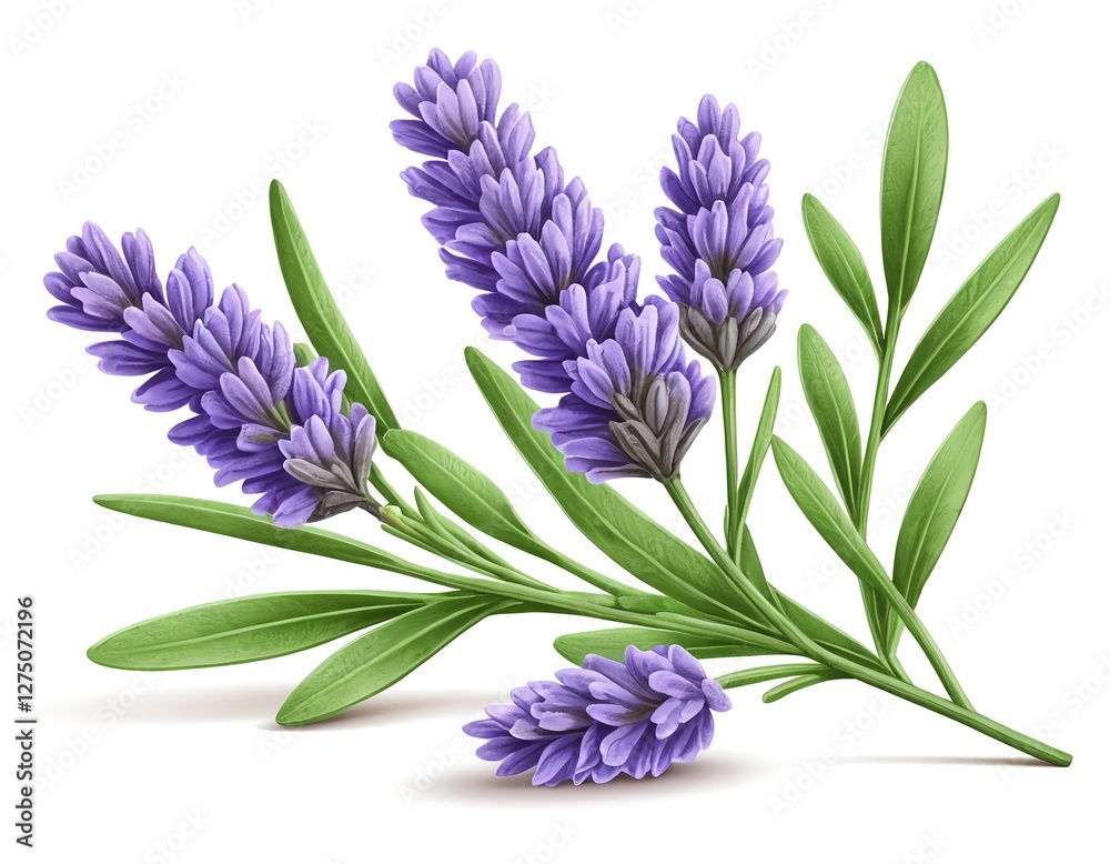 Fototapeta premium Lavender Sprig with Purple Flowers and Green Leaves