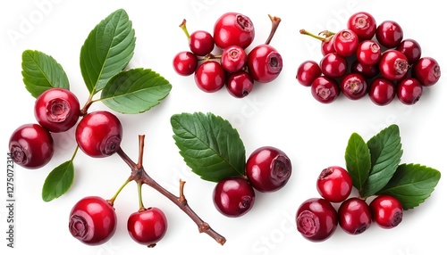 Red Cranberries with Green Leaves - Overhead View
