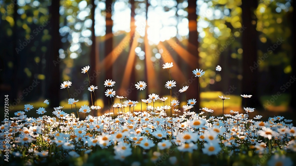 Naklejka premium Sunlit Meadow Blooming Daisies in Spring Forest