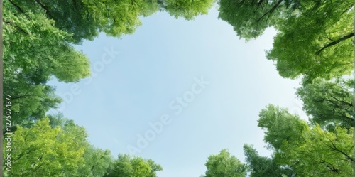 Tranquil Green Tree Circle Frame with White Circle Center Against Blue Sky Background, Depth and Serenity Concept