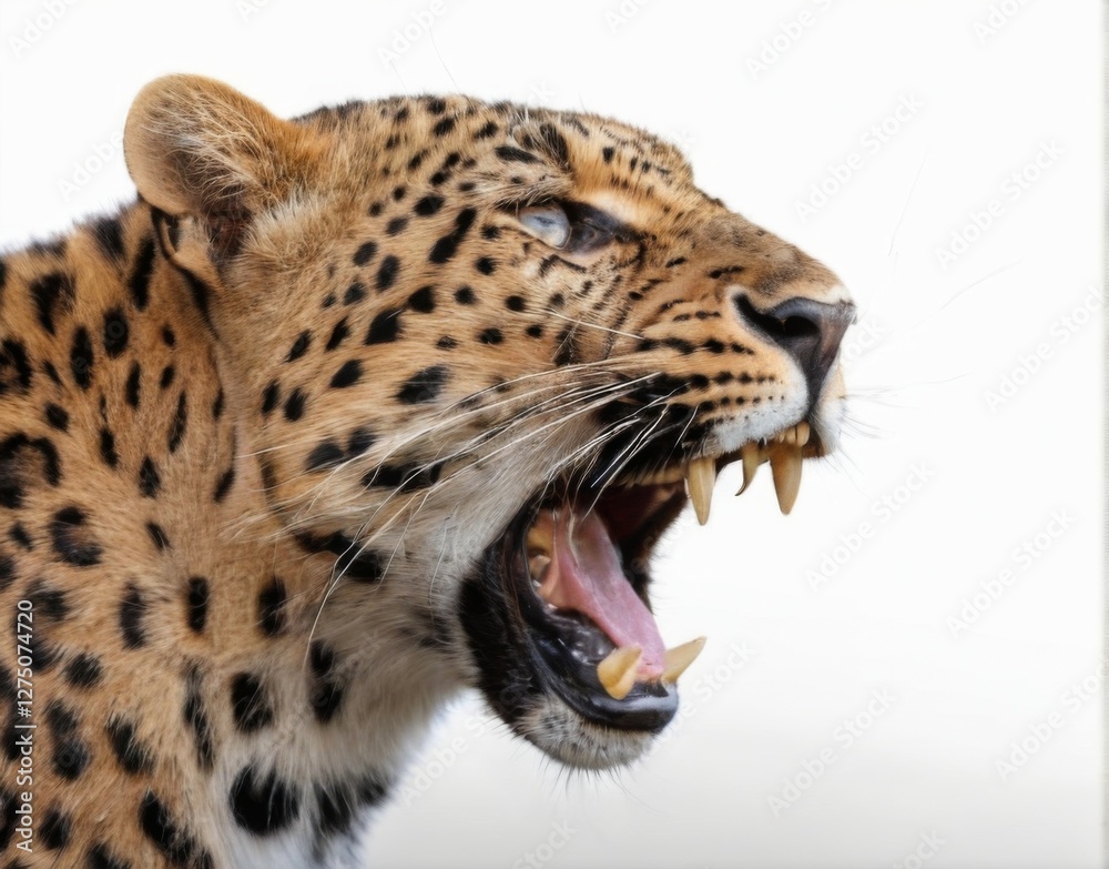 Naklejka premium Closeup of a fierce leopard with open mouth and sharp teeth, eyes piercing, and whiskers visible. Blurred background for focus.