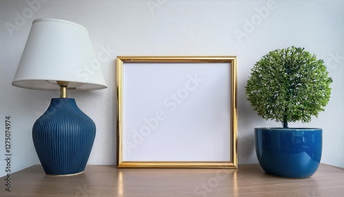 Elegant Gold Metal Frame Encasement of Vibrant Blue Plants and Lush Greenery in a Modern Interior Setting, Evoking a Soothing Ambience