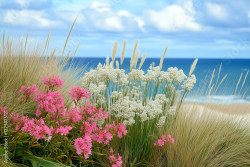 Vibrant beach vegetation with flowering white grasses and pink coastal plants under golden sunlight, perfect for hotel decor visuals, organic skincare packaging, and botanical guides. Seaside harmony  photo