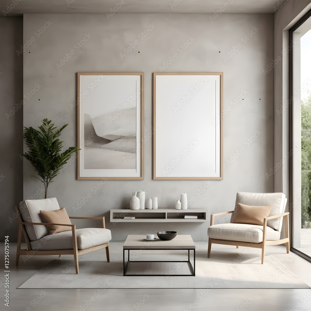 Fototapeta premium Modern Minimalist Living Room Interior with Beige Armchairs and Blank Artwork