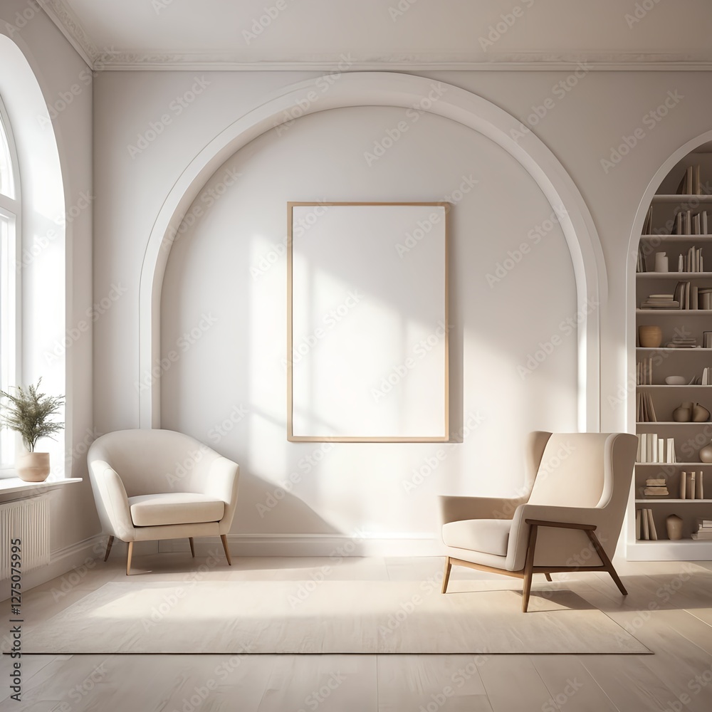 Fototapeta premium Modern Minimalist Living Room Interior with Empty Frame