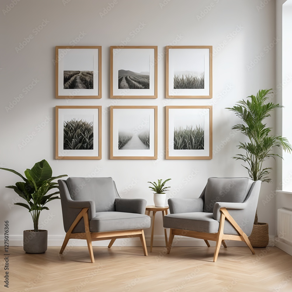 Fototapeta premium Modern Living Room Interior with Gray Armchairs and Nature Photography