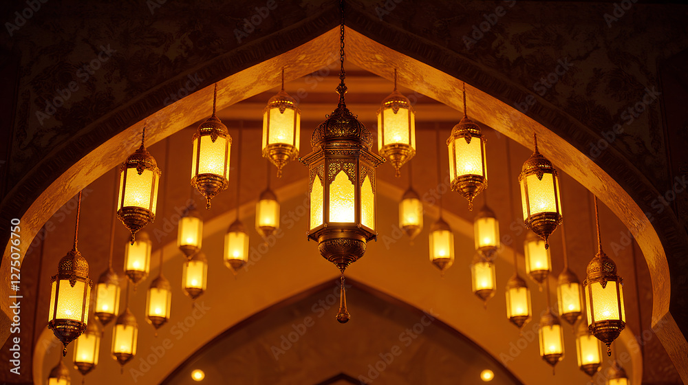 Obraz premium Mesmerizing Golden Lanterns Hanging in a Row Casting Warm Light on Ornate Archway - Ramadan Kareem