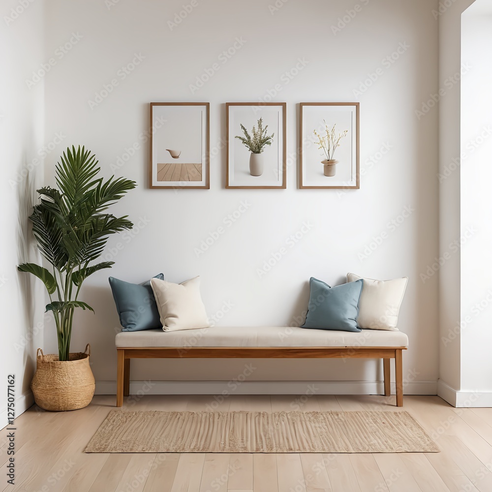 Fototapeta premium Minimalist Modern Living Room Interior with Bench and Plants