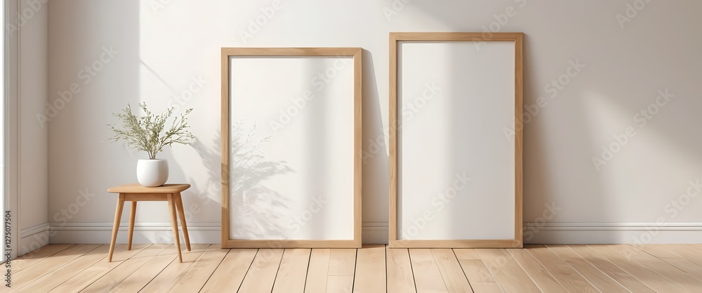Fototapeta premium Minimalist Interior Design Mockup with Two Empty Wooden Frames