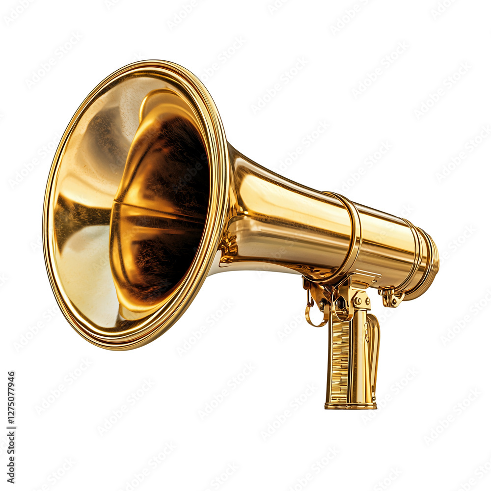 Obraz premium Classic gold megaphone horn with a polished finish, vintage announcement device, isolated on transparent or white background, png