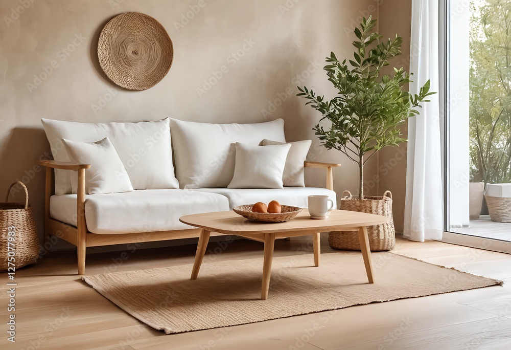 Fototapeta premium Cozy Minimalist Living Room Interior with Beige Sofa and Wooden Coffee Table