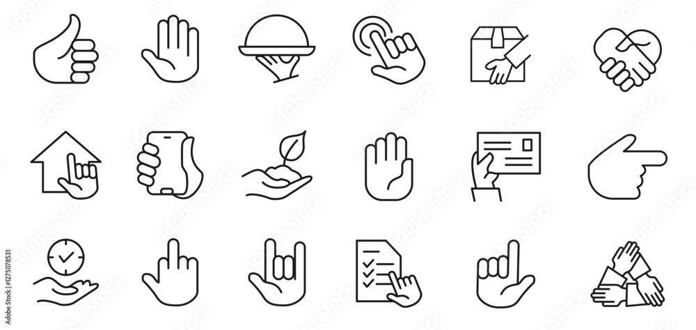Fototapeta premium Thumb up and like gesture editable stroke outline icons set isolated on white background flat vector illustration.