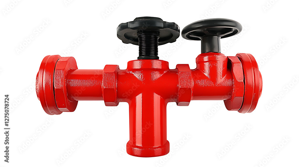 Red industrial pipe with black valve handle isolated on white background for plumbing and firefighting system design. Red industrial pipe with black valve handle isolated on white background for plumbing and firefighting system design.