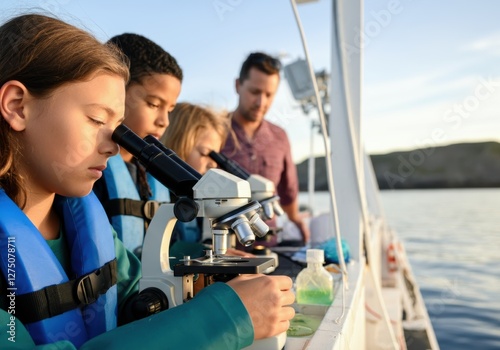 Students observing marine samples on a boat photo