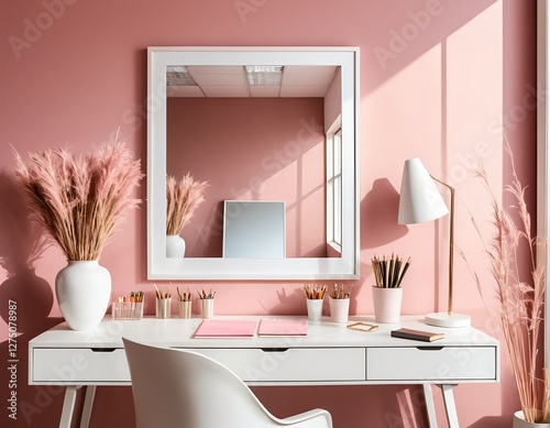 Stylish Pink Home Office Desk with White Furniture and Pampas Grass Decor
