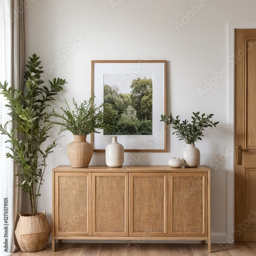 Modern Living Room Interior with Wooden Cabinet, Plants, and Landscape Photograph