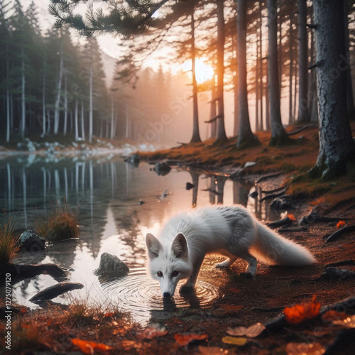 A graceful white fox drinking from a calm lake in a forest during autumn, surrounded by vibrant fall foliage, with the soft glow of the evening light enhancing the serene natural view