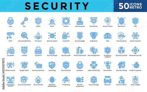 Security icons set with lock, key, shield, alarm, camera, security guard, surveillance, access control, biometrics, safe icon. Simple retro vector 
