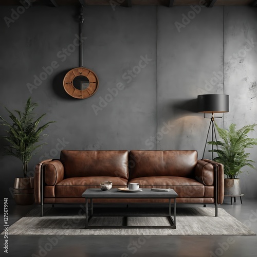 Modern Industrial Living Room with Brown Leather Sofa