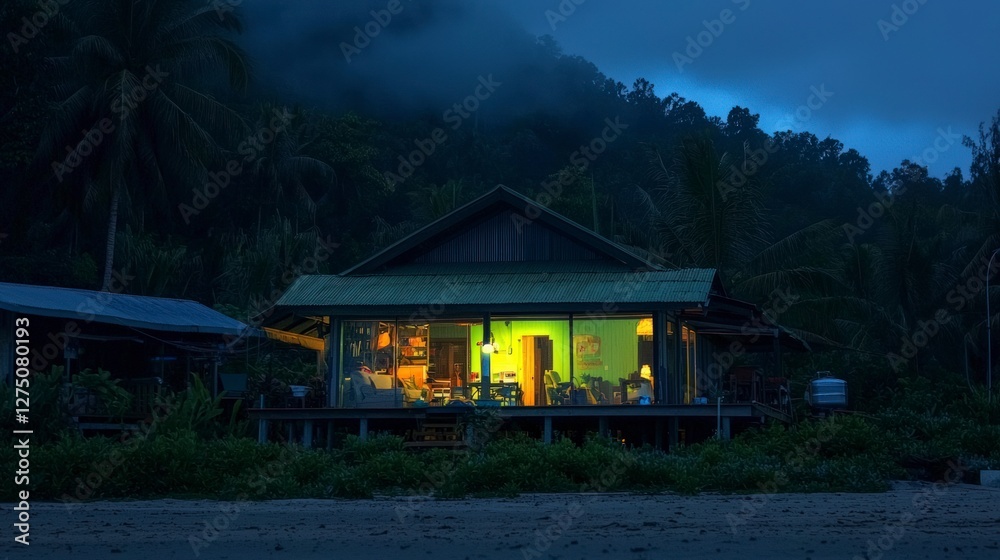 Illuminated Beach House at Dusk Tropical Night Scene Illuminated Beach House at Dusk Tropical Night Scene