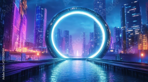 Wallpaper Mural Futuristic Cityscape with Glowing Portal at Night Torontodigital.ca