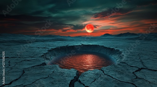 Blood Moon Over Cracked Earth And Still Water