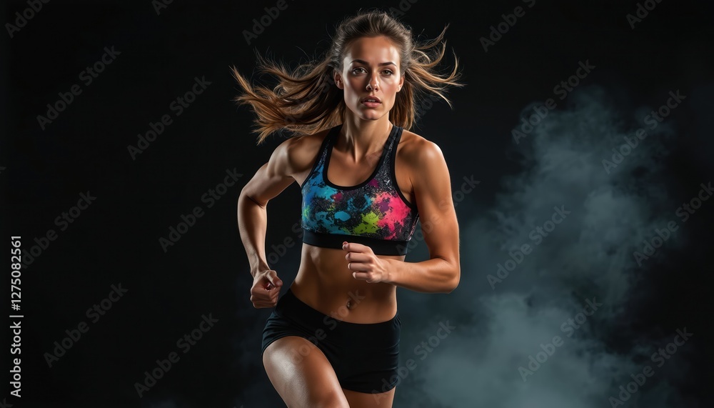Obraz premium Athletic woman runs on black background. Fit female sprinter in motion. Active lifestyle, sport concept. Strong muscular body, beauty, exercise, jogging, sprinting training in studio.