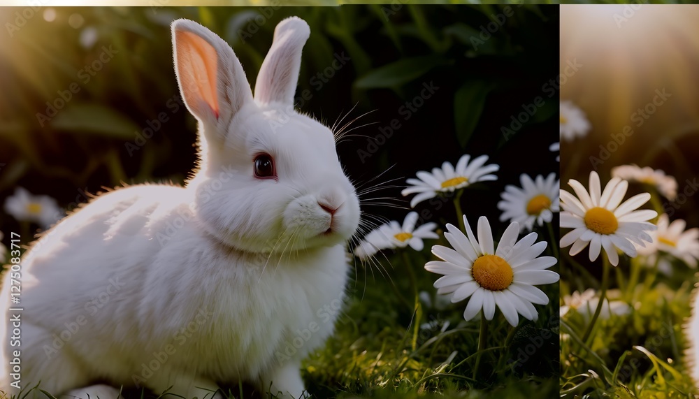 Fototapeta premium White Rabbit in Daisy Meadow