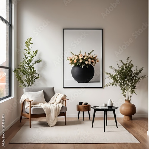 Modern Living Room Interior with Floral Artwork and Plants