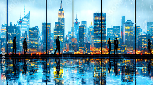 Rainy cityscape view with silhouettes in modern office space