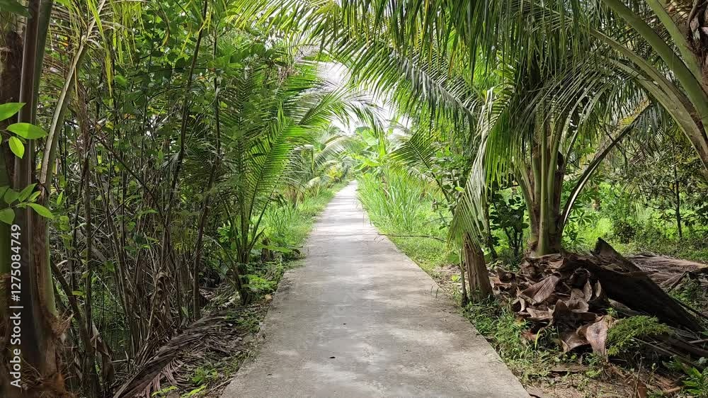 A narrow village path in countryside of Mekong Delta Vietnam in the morning. A narrow village path in countryside of Mekong Delta Vietnam in the morning.