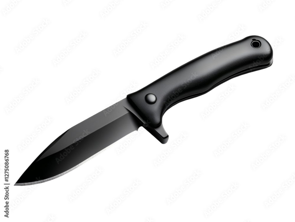 A sleek black knife designed for outdoor and survival activities. A sleek black knife designed for outdoor and survival activities.