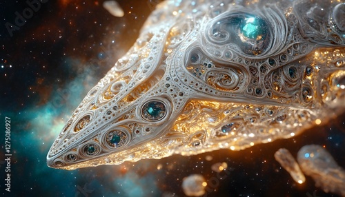Ornate bejeweled alien spaceship sails across the dark cosmic sea