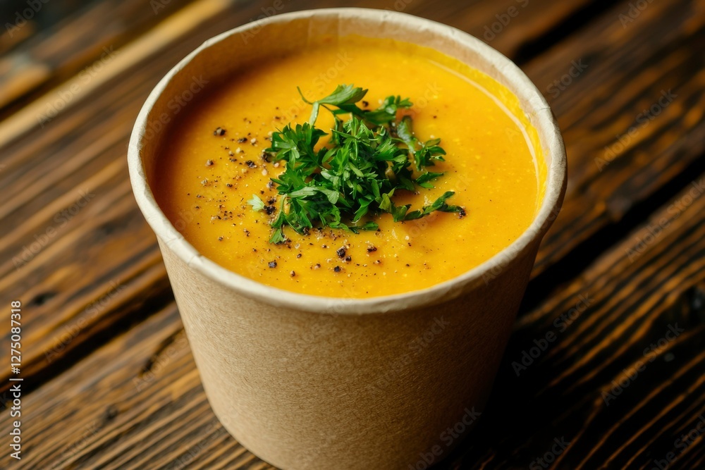 Hot soup with parsley. A warm meal, served in a brown paper cup on wood Hot soup with parsley. A warm meal, served in a brown paper cup on wood