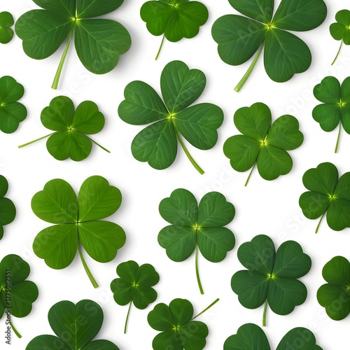 Shamrock Pattern, Green Clover Leaves on White Background
