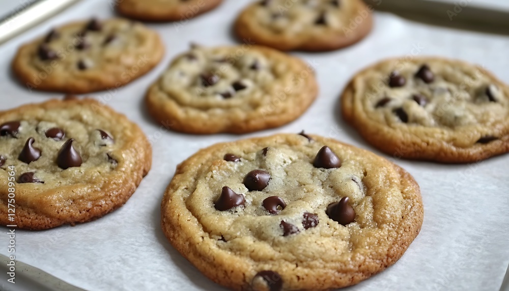 Freshly baked chocolate chip cookies on baking sheet Freshly baked chocolate chip cookies on baking sheet