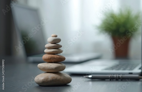 Zen stones stacked on office desk with laptop. Balance and harmony concept. Spiritual pebbles tower near workplace symbolize meditation and stress reduction during work. Serene break on work.