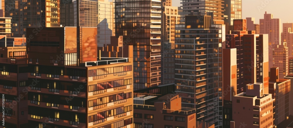 Golden Hour Cityscape High-rise buildings bathed in sunset light. Golden Hour Cityscape High-rise buildings bathed in sunset light.