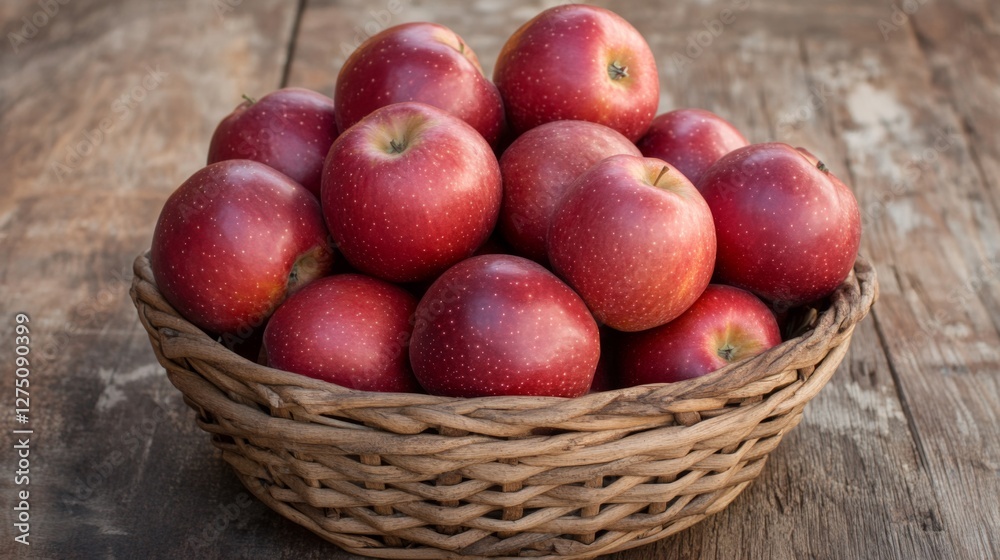 Basket of fresh red apples on rustic wooden table Basket of fresh red apples on rustic wooden table