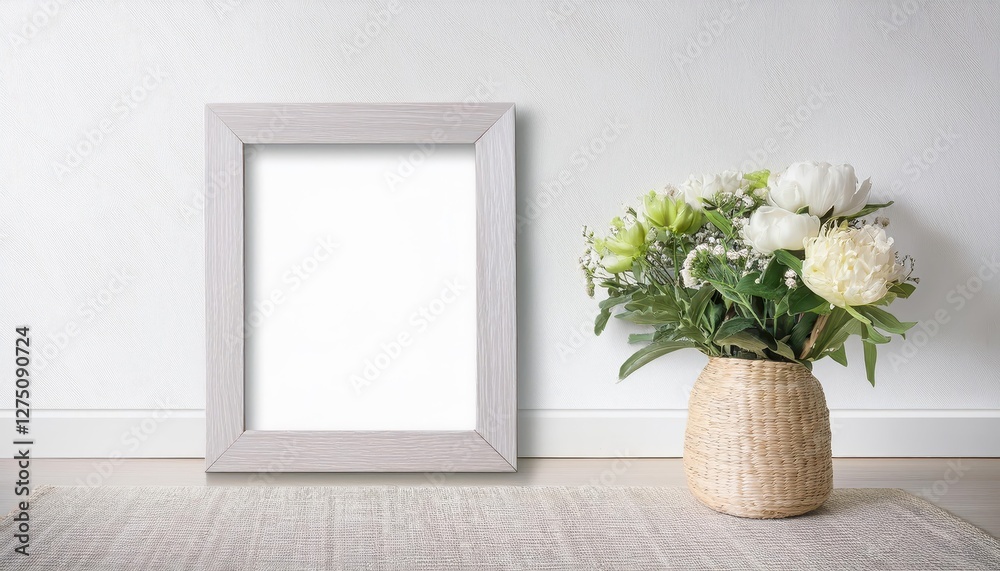 Fototapeta premium Fresh blooms fill a serene minimalist landscape frame in a bright and airy white interior, capturing the essence of tranquility and elegance.