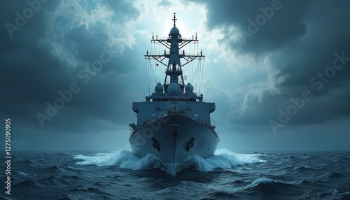 Indian Navy warship sailing sea with dramatic cloudy sky background. Military navy vessel protect ocean borders. Naval force on mission. Freedom and national unity concept.