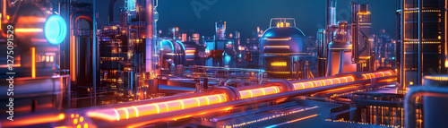 Futuristic city, glowing pipes, industrial architecture. photo