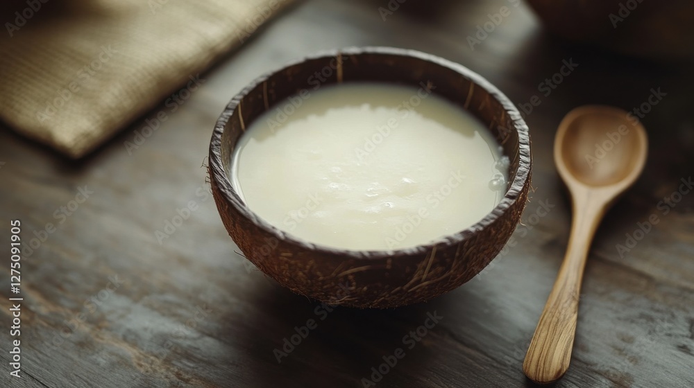 A fresh bowl of creamy coconut milk extracted from a ripe coconut, with a wooden spoon beside it. A fresh bowl of creamy coconut milk extracted from a ripe coconut, with a wooden spoon beside it.