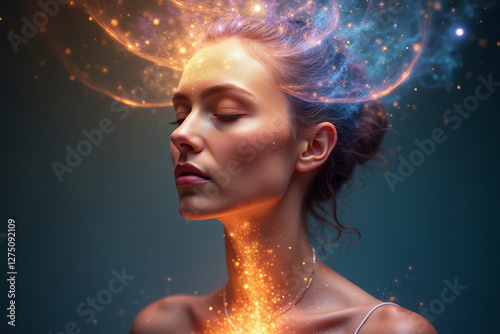Enlightened woman with cosmic energy flowing through the mind and body in a surreal fantasy portrait