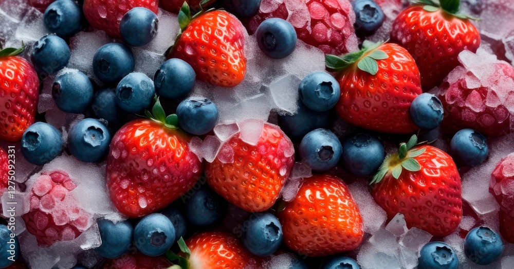 Fresh Strawberries and Blueberries with Ice Cubes Fresh Strawberries and Blueberries with Ice Cubes